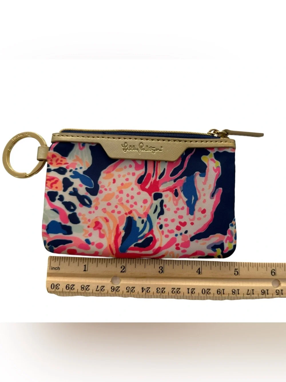 Lilly Pulitzer “Seaing Things” Navy Floral Card Zipper Wallet Keyring Gold Trim